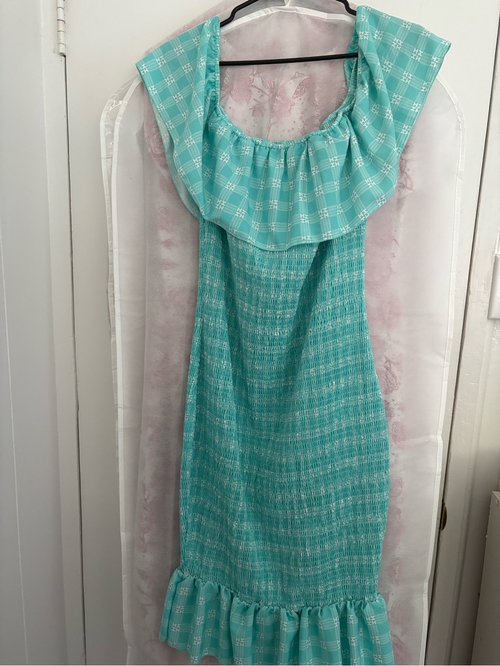 Hawaii's Finest Aqua Plaid Ruffled Off-Shoulder Dress